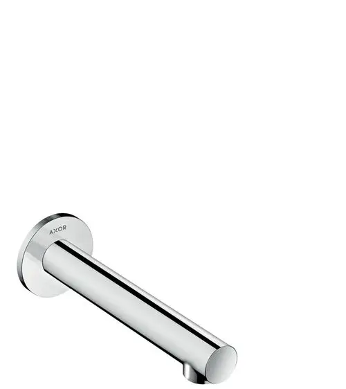 Glänzender metallischer Wasserhahn von AXOR, mit runder Wandmontage und geradem Auslauf, geeignet für Badezimmerinstallationen.